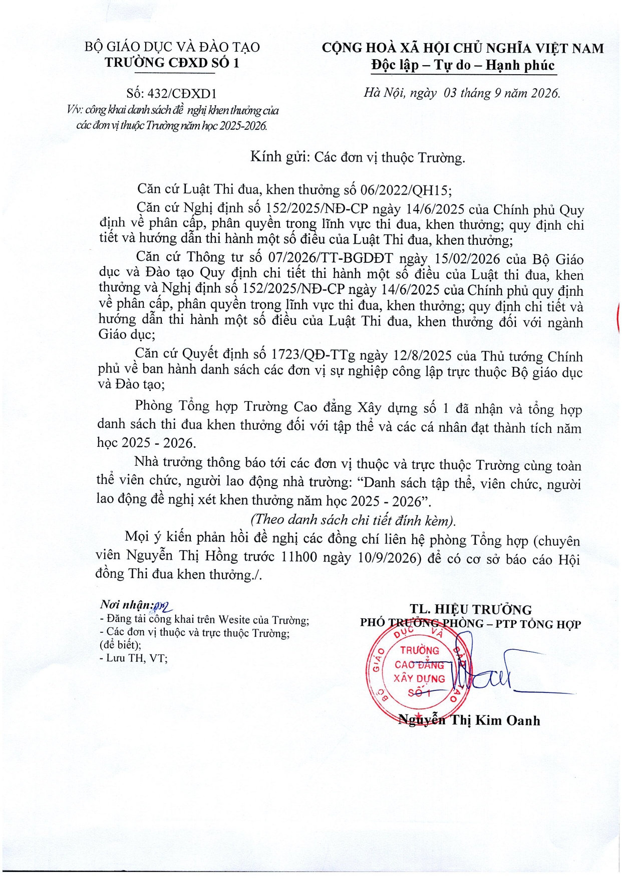 CÔNG KHAI DANH SÁCH ĐỀ NGHỊ KHEN THƯỞNG CỦA CÁC ĐƠN VỊ THUỘC TRƯỜNG NĂM HỌC 2025-2026